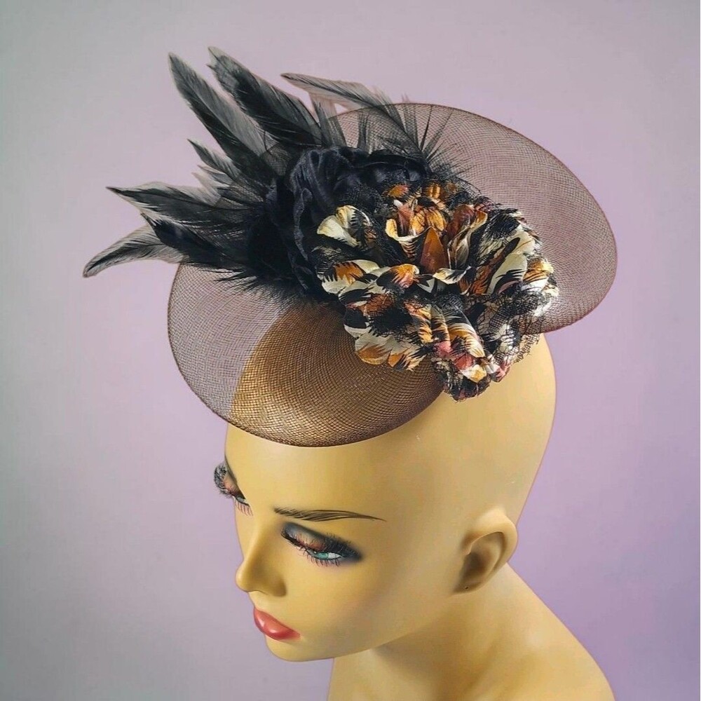 Fascinator Cocktail Hat Sinamay Black Feathers Tiger Print Satin Rose Wedding